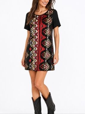 Everly Red Black Gold Sequined Tribal Boho Short Sleeve Mini Shift Dress